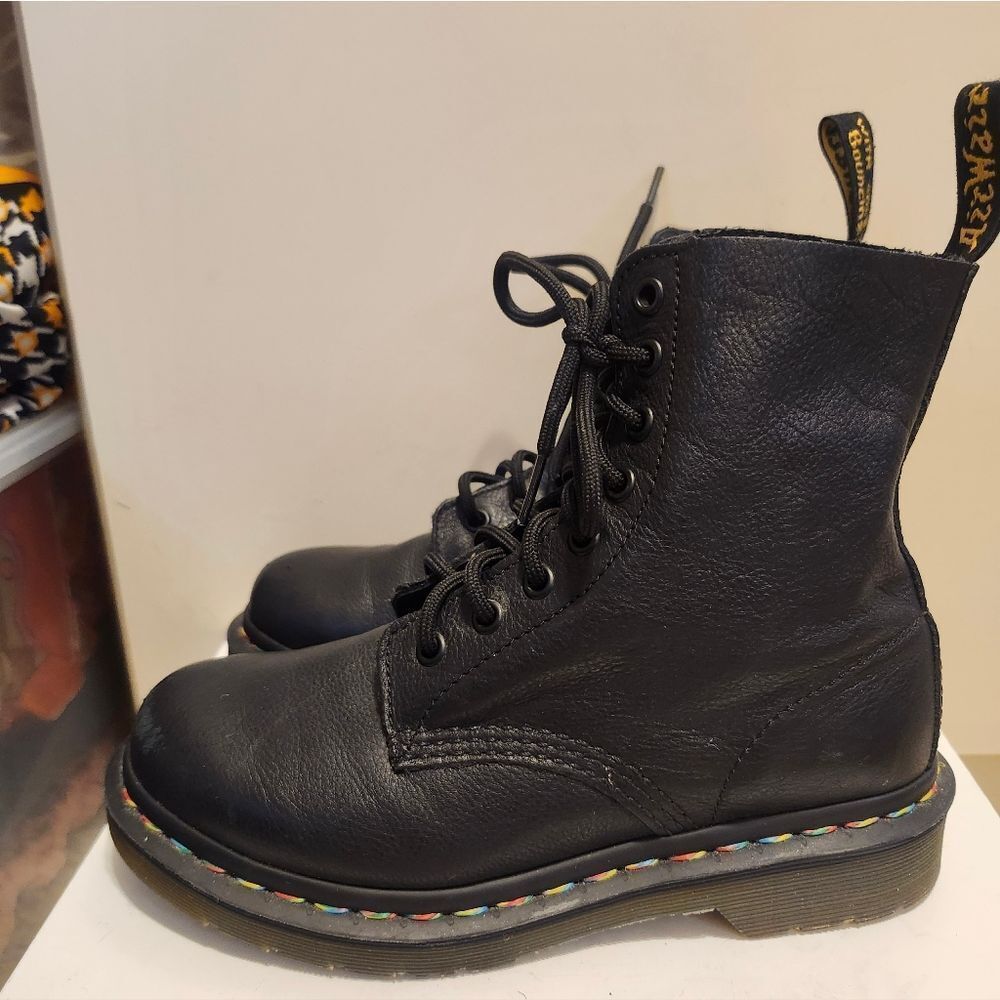 Dr. Martens "1460 Pascal Rainbow" Black Soft-Grain Leather Boots Sz. 6/37 $180